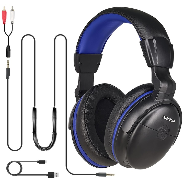 Casti Wired SIMOLIO Over-Ear cu cablu spiralat de 5, 5m, control al volumului, negru
