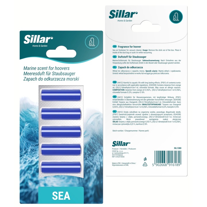 Odorizant aspirator, Sillar, universal, parfum in batoane, aroma de mare, 5 buc