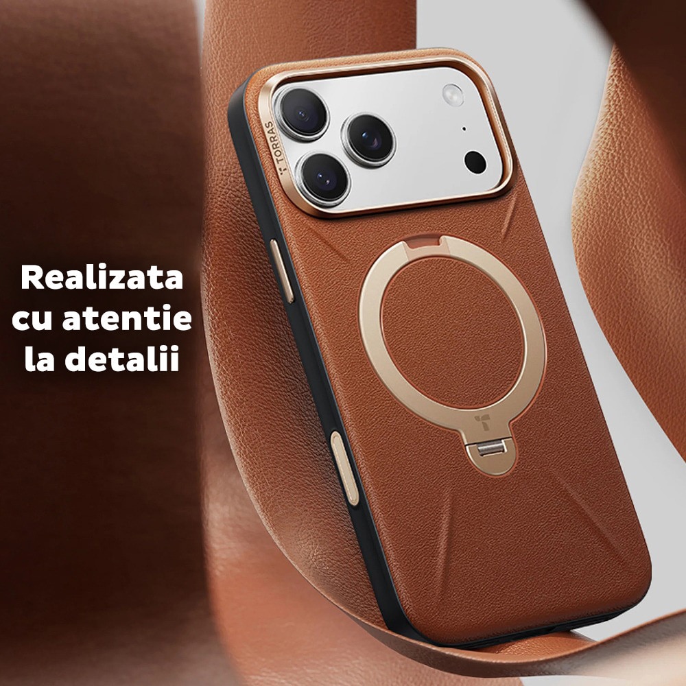 Husa pentru iPhone 17 Pro Max Torras QPRO Leather Series, Piele ecologica, Inel rotativ, Calitate premium, Negru