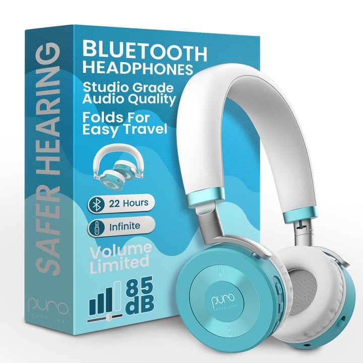 Casti Puro Sound Labs Juniorjam Plus cu limitare de volum, turcoaz, pentru copii, Bluetooth, ajustabile