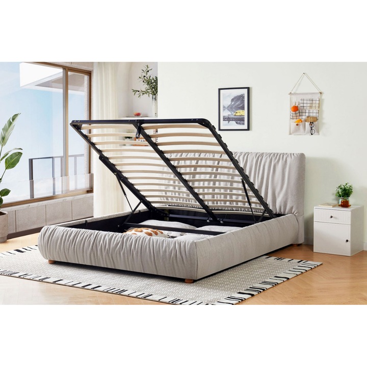 Легло Президент 160x200 см Лада Депозитар Тапицирано Плат Бежов Сомиера Включена Marketmob ( ML 2506 )