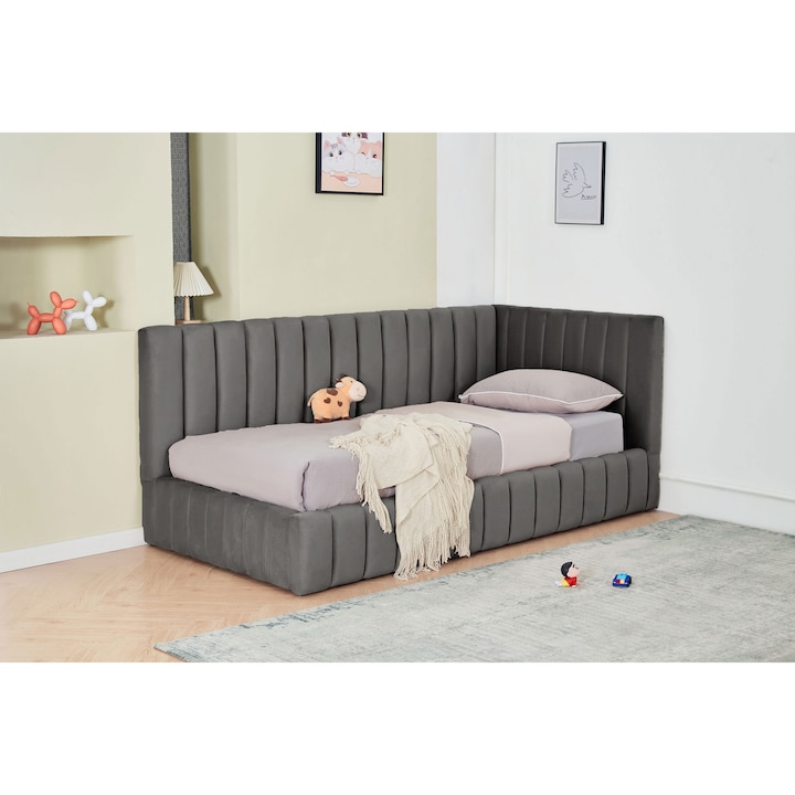 Ъглово легло Coral 90x200 см, ракла, тапицирано, сиво кадифе, с включена подматрачна рамка Marketmob (ML2526)