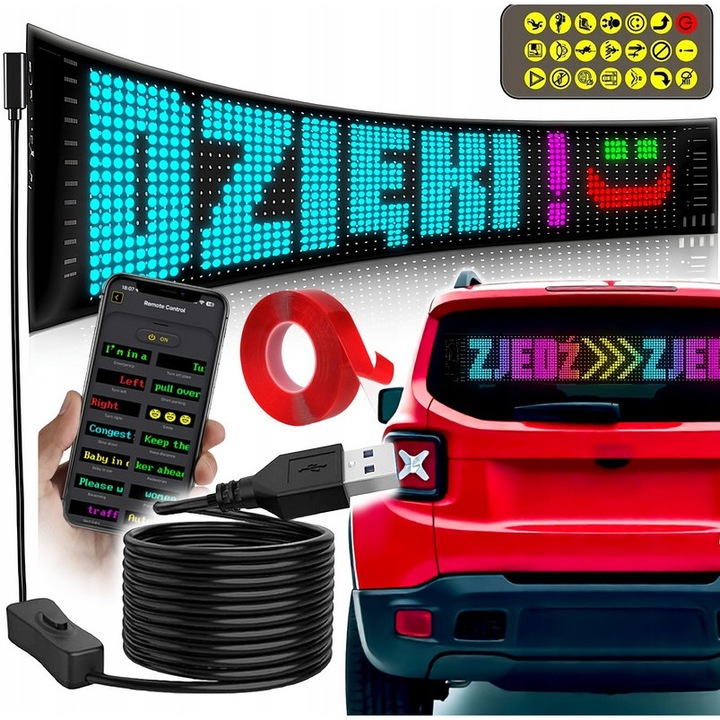 Renew Force autós LED jelzőfény, 59x12cm, RGB, USB tápellátás, teljes készlet távirányítóval