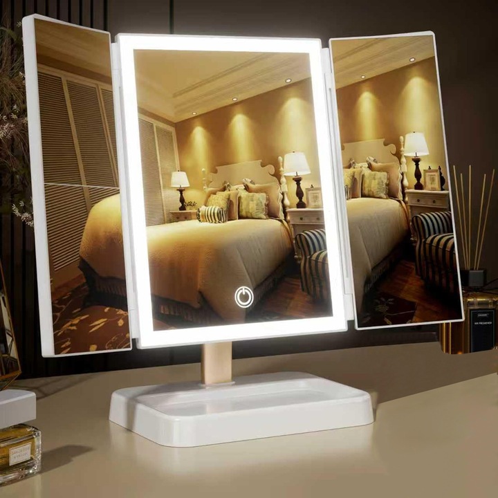 Kozmetikai tükör LED-del, újratölthető, 1x, 2x és 3x nagyítás, 76 LED és 3 színmód, fehér