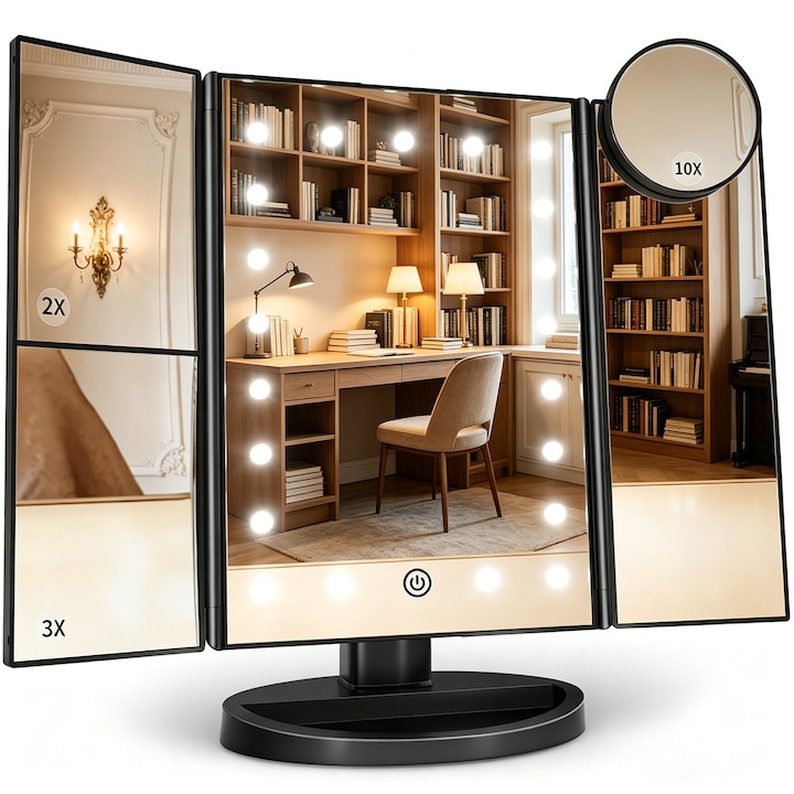 Oglinda Machiaj si Cosmetica cu LED, marire 2x/3x/10x, Buton Touch, Pliabila, oglinda tripla, alimentare dubla, Neagra