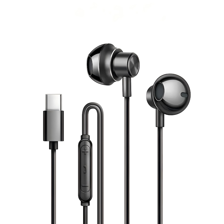 Casti In-Ear Cu Fir, Bluvista®, Type-C, Reducerea zgomotului, Cu bass puternic si control al firului, Telecomanda pentru apeluri/volum, Microfon incorporabil, Compatibile pentru PC, telefon, laptop, TPE, 1.2 m, Negru