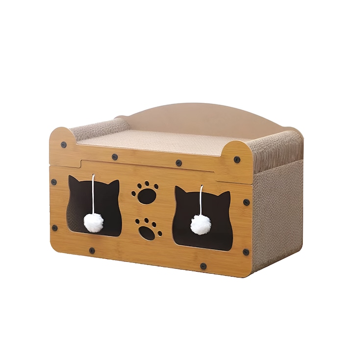 Къщичка 2 в 1 за котки NEXTLY, легло с място за игра и повърхност за драскане, висящи топки, просторна, 51x27x30см, кафява