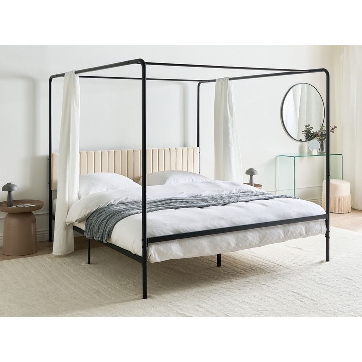 Pat cu baldachin Beliani MIRABEAU, metal negru, 180x200 cm, design modern, tablie tapițată