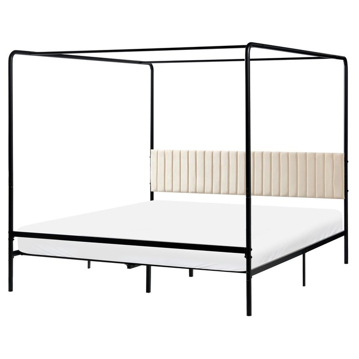 Pat cu baldachin Beliani MIRABEAU, metal negru, 180x200 cm, design modern, tablie tapițată