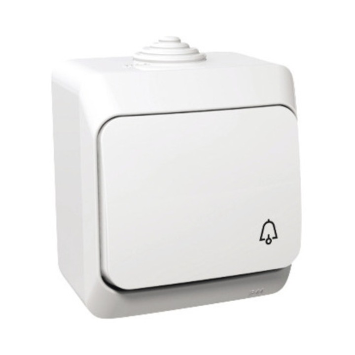 Buton cu revenire Schneider Cedar Plus IP44, montaj aplicat, simbol sonerie, alb