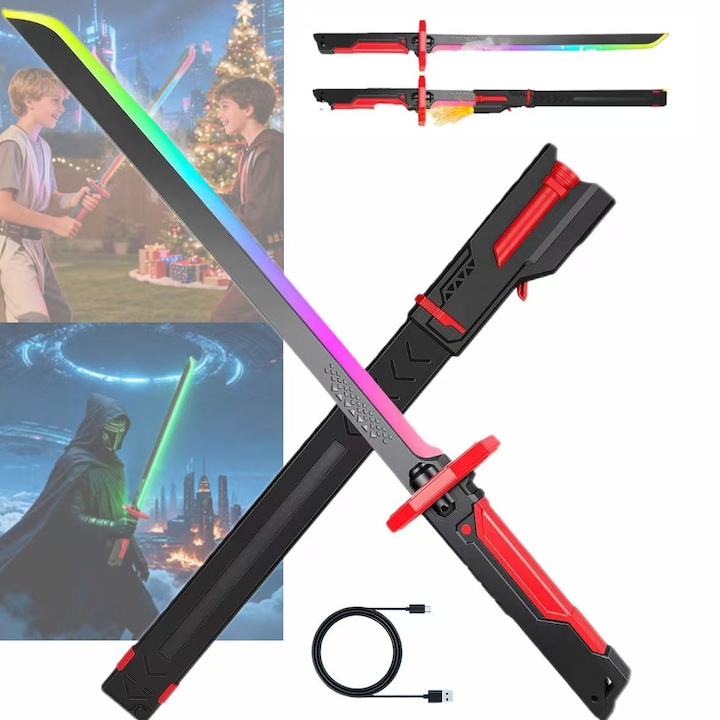 Светещ меч с LED светлини в 7 цвята и ефект на пръскане, с ефект на пара и звук за засичане на движение. Студени ярки светлини, зареждане Type-C, подходящ за ролеви игри и дуели. Подарък за деца и възрастни, 80см