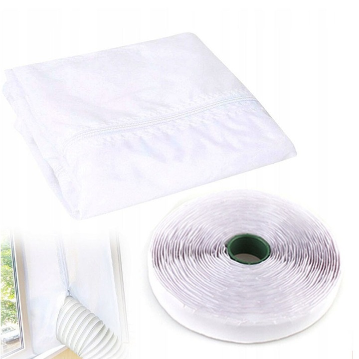 Garnitura de fereastra pentru aer conditionat mobil Portabil/Uscatoare de rufe, Sigilare Geam AC Universal, Protectie impotriva Aerului Cald/Praf, Rezistenta UV, Impermeabil - cu Fermoar, 400 cm, Alb, Poliester