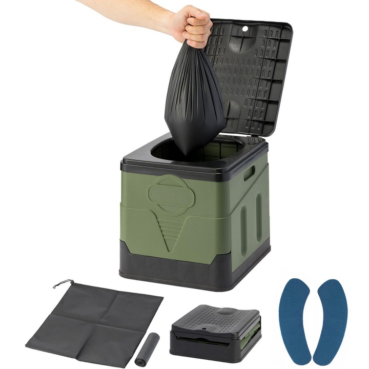 Set Toaleta Portabila Pliabila Camping WC 20L cu 12 saci de gunoi biodegradabili, amortiza si sac de transport, cu capac, multifunctionala, PP, 32x26.5x30cm, Verde - Pentru Masina, Drumetii, Ambuteiaje