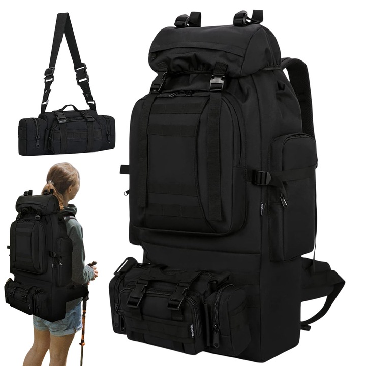 Rucsac Tactic Militar, 100L, 903D oxford, Bretele reglabile, Cu Compartimente, Impermeabil, pentru Drumetii pe Munte, Rucsac drumetie, Rucsac munte, Rucsac tactic, Ghiozdan militar, Negru