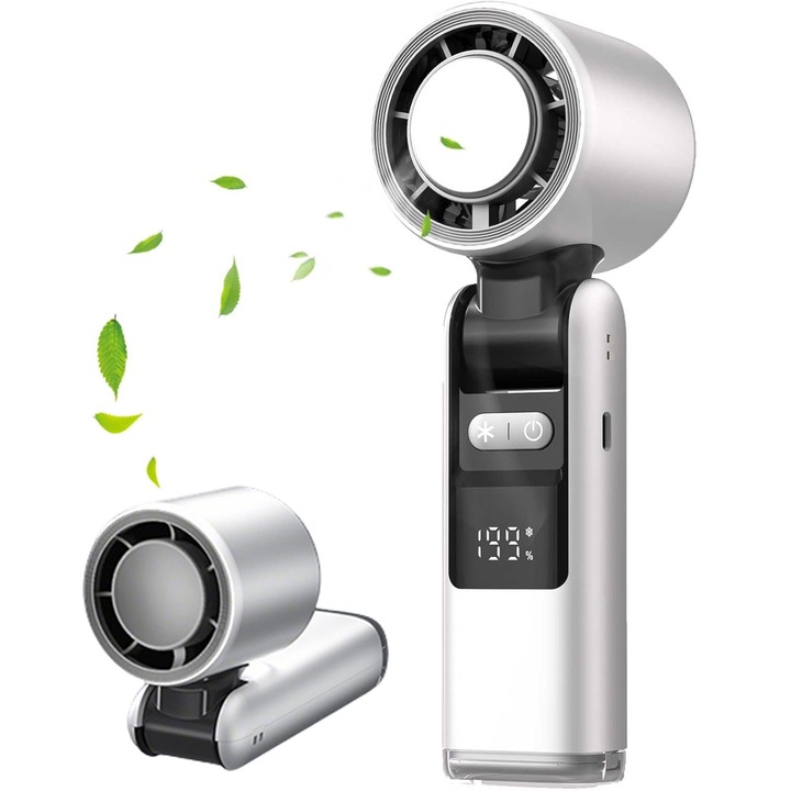 Портативен мини вентилатор с охлаждащ гел, регулируеми скорости и LED цифров дисплей, сгъваем, ръчен, настолен, за врат, 4000mAh, турбо въздушен поток, регулируем ъгъл 90°, USB презареждаем, за пътуване, къмпинг, на открито и офис