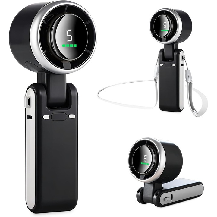 Портативен мини вентилатор, 5 регулируеми скорости и LED цифров дисплей, сгъваем, ръчен, настолен, за врат, 3600mAh, турбо въздушен поток, регулируем ъгъл 90°, USB презареждаем, черен, за пътувания, къмпинг, на открито и офис