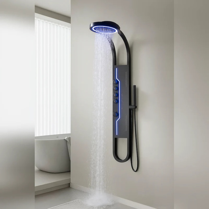 Panel de Dus Shark cu Efect de Ploaie si Jeturi cu Masaj, Design Unic, LED Incorporat, Negru