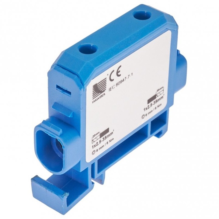 Bloc Terminal Distributie pentru sina DIN Al / Cu ( 1 x 2, 5-35 mm² / 1 x 2, 5-35 mm²) 125A, 1000V 60x50x15mm Albastru