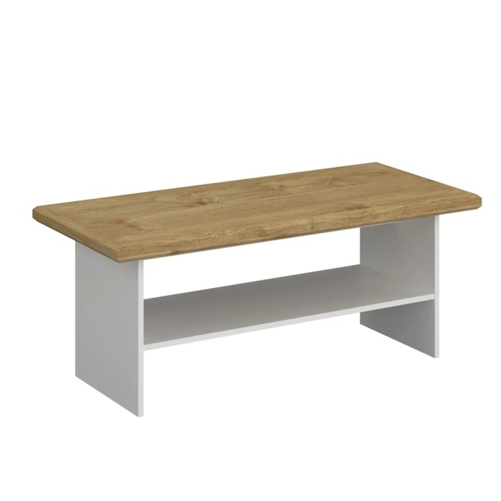 Masuta de cafea Expomob RIVA, cu raft, dimensiune 120x55x49 cm, culoare alb + stejar harbor