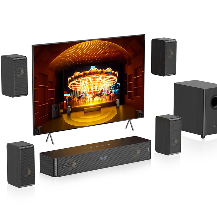 Soundbar Hiwill-Audio, cu subwoofer, 5.1.2 canale, 400 W, Bluetooth, lemn