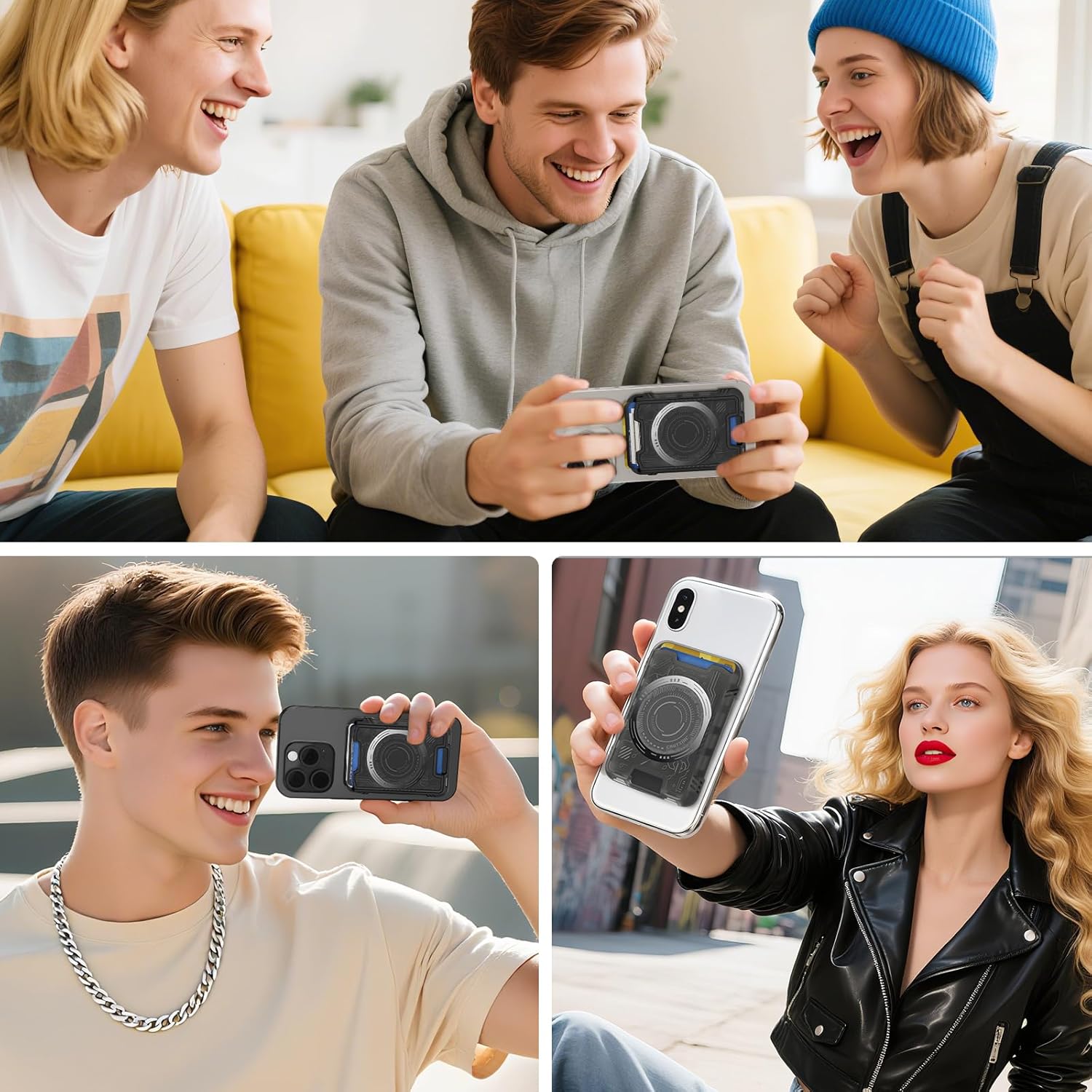 Portcard Magnetic Cyberpunk cu Fixare Puternica N52, Protectie RFID, Suport pentru 3 Carduri, Cablu de Siguranta si Clip T Incluse, Compatibil MagSafe cu iPhone 13/14/15/16/17 (Nu pentru Mini), Design Futurist, Negru