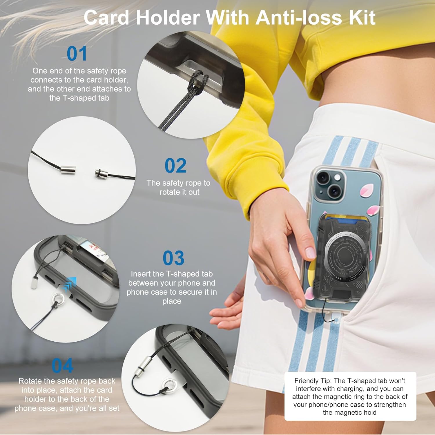 Portcard Magnetic Cyberpunk cu Fixare Puternica N52, Protectie RFID, Suport pentru 3 Carduri, Cablu de Siguranta si Clip T Incluse, Compatibil MagSafe cu iPhone 13/14/15/16/17 (Nu pentru Mini), Design Futurist, Negru