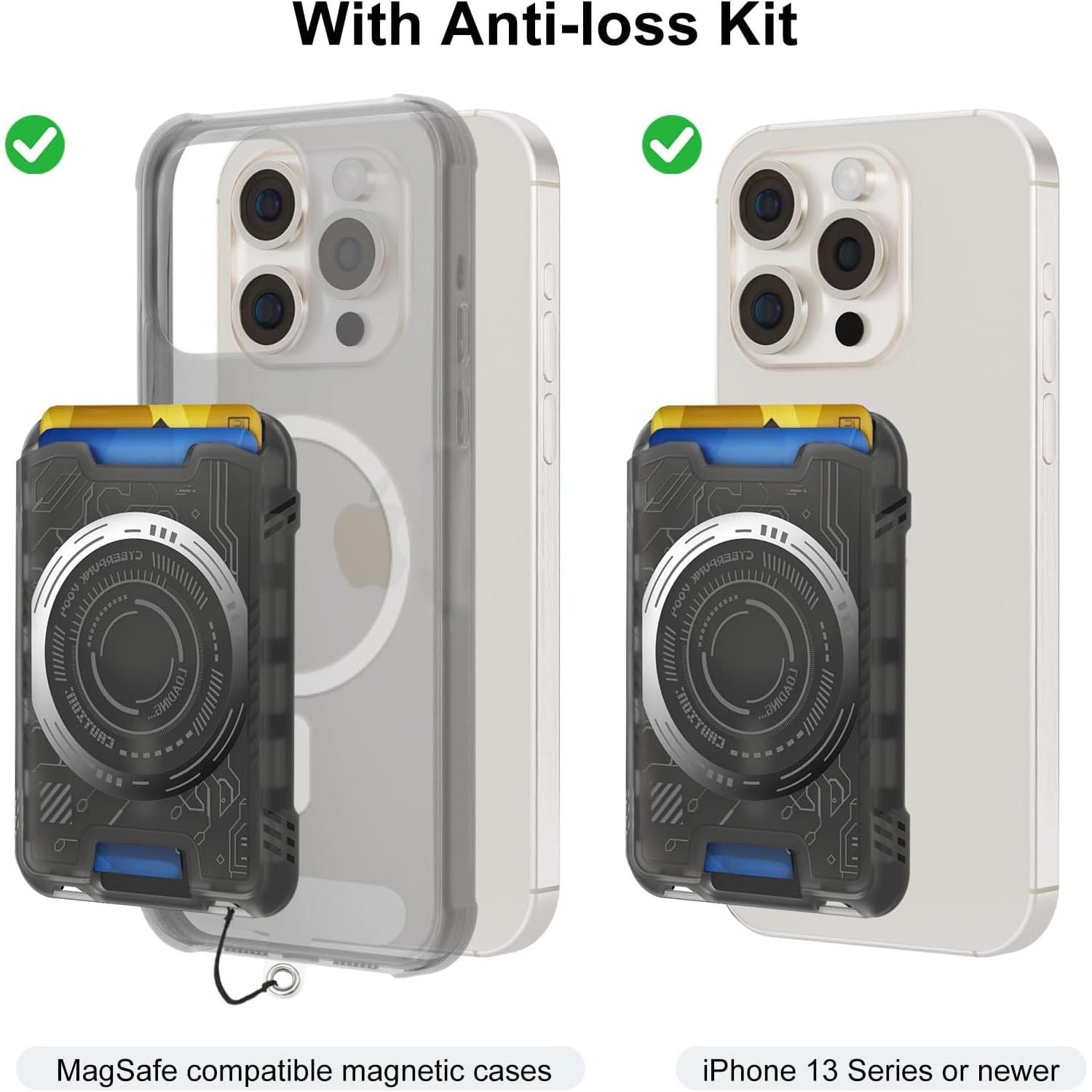 Portcard Magnetic Cyberpunk cu Fixare Puternica N52, Protectie RFID, Suport pentru 3 Carduri, Cablu de Siguranta si Clip T Incluse, Compatibil MagSafe cu iPhone 13/14/15/16/17 (Nu pentru Mini), Design Futurist, Negru