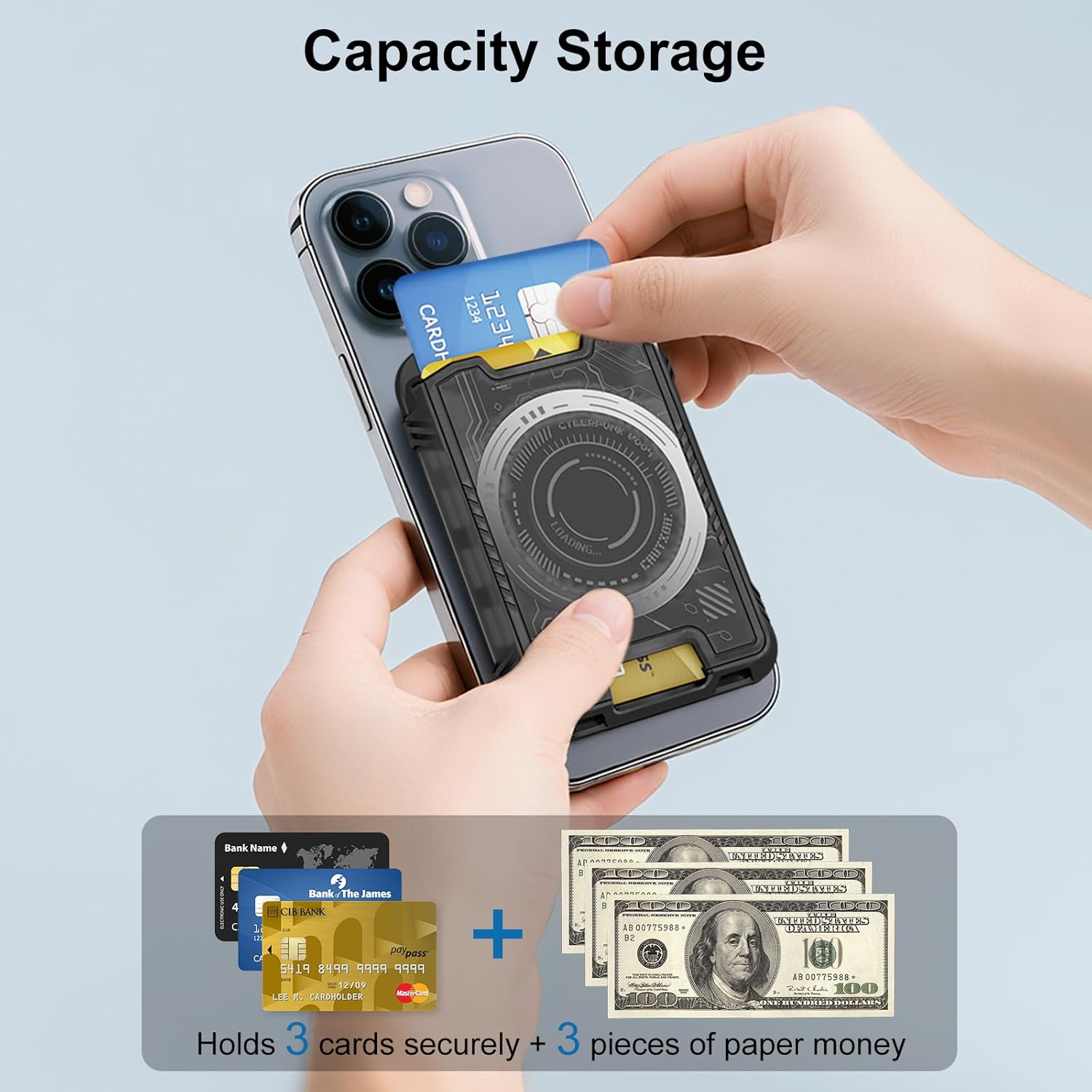 Portcard Magnetic Cyberpunk cu Fixare Puternica N52, Protectie RFID, Suport pentru 3 Carduri, Cablu de Siguranta si Clip T Incluse, Compatibil MagSafe cu iPhone 13/14/15/16/17 (Nu pentru Mini), Design Futurist, Negru