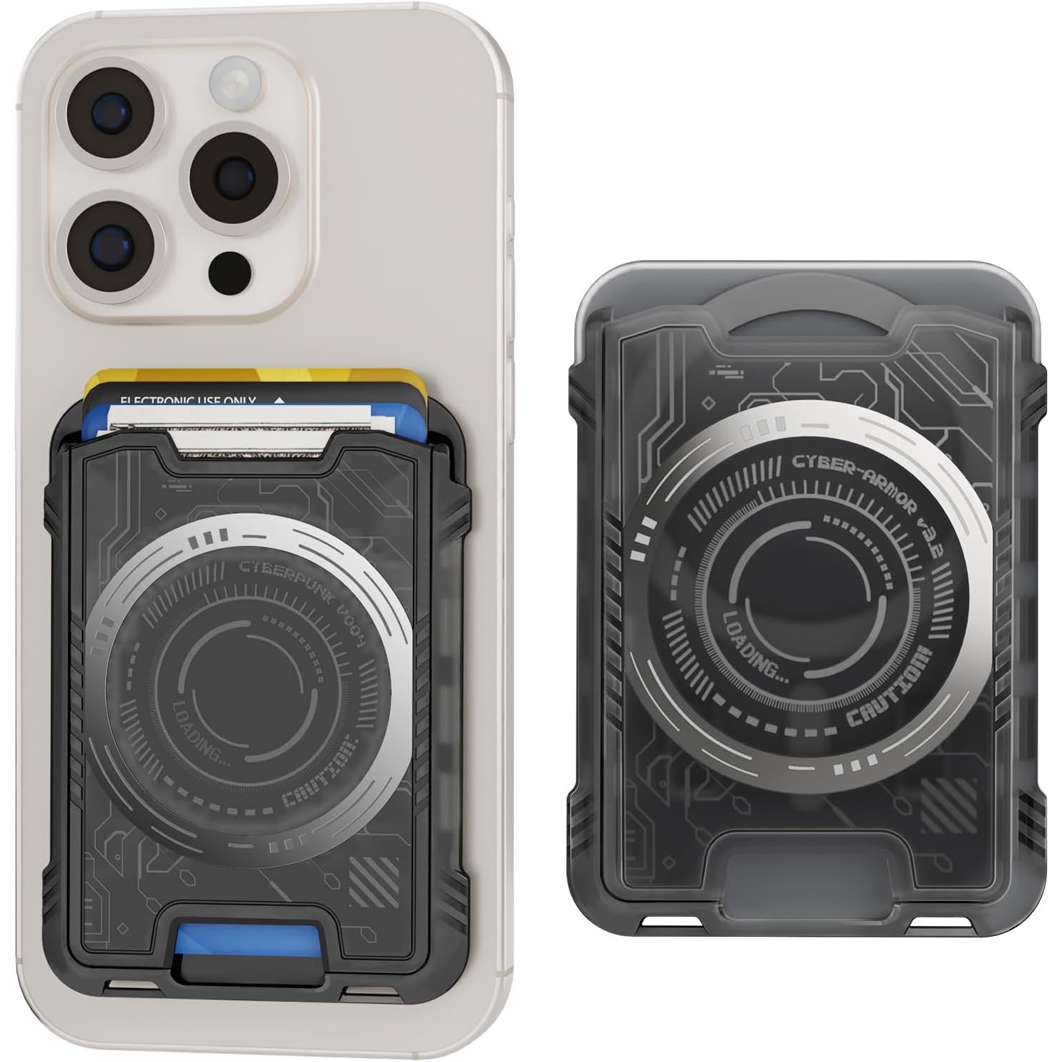 Portcard Magnetic Cyberpunk cu Fixare Puternica N52, Protectie RFID, Suport pentru 3 Carduri, Cablu de Siguranta si Clip T Incluse, Compatibil MagSafe cu iPhone 13/14/15/16/17 (Nu pentru Mini), Design Futurist, Negru