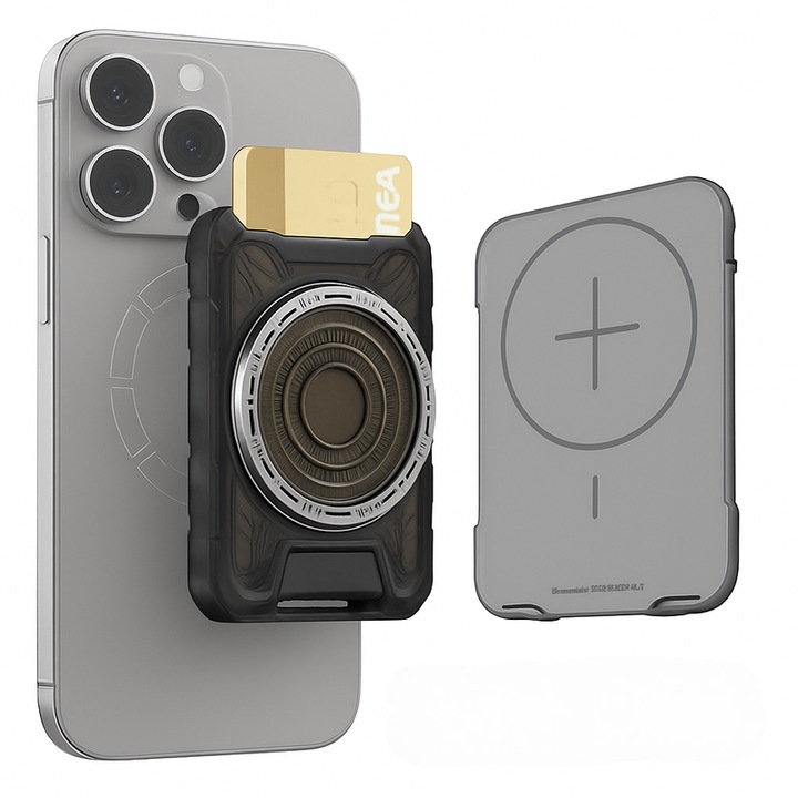 Portcard Magnetic Cyberpunk cu Fixare Puternica N52, Protectie RFID, Suport pentru 3 Carduri, Cablu de Siguranta si Clip T Incluse, Compatibil MagSafe cu iPhone 13/14/15/16/17 (Nu pentru Mini), Design Futurist, Negru