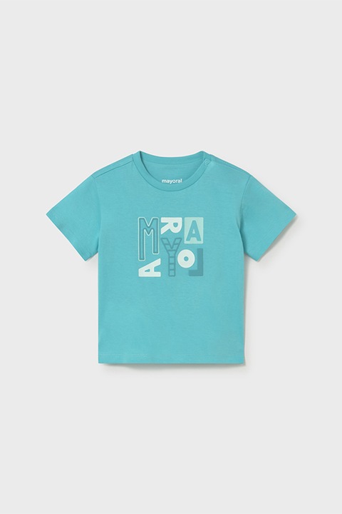 Mayoral, Tricou de bumbac cu imprimeu text, Alb/Turcoaz