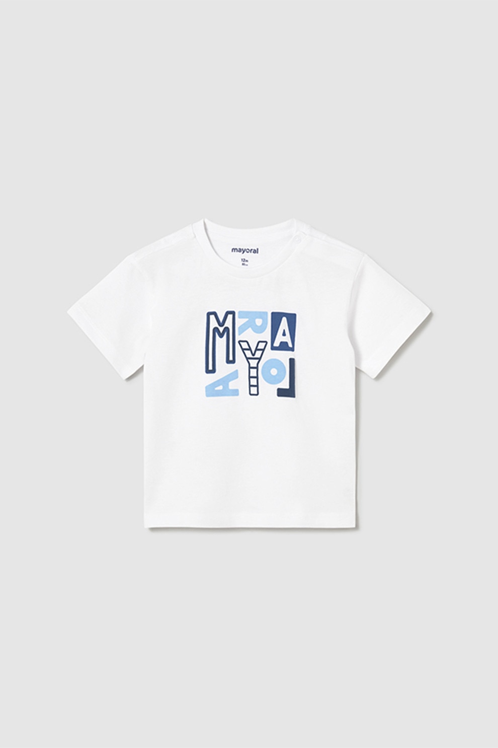 Mayoral, Tricou de bumbac cu imprimeu text, Albastru azur, Alb optic, Bleumarin, 92 CM