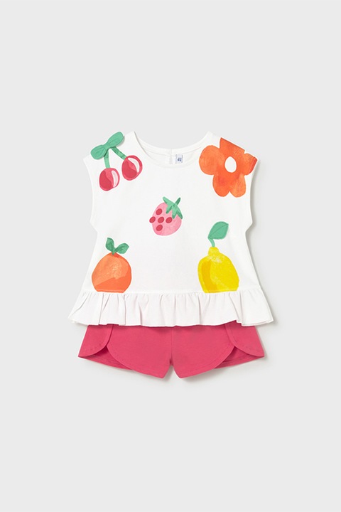 Mayoral, Set de top de bumbac si pantaloni scurti, Alb/Galben/Portocaliu/Roz