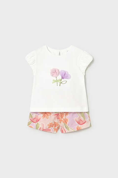Mayoral, Set de tricou cu imprimeu floral si pantaloni scurti, Alb/Verde/Portocaliu/Violet