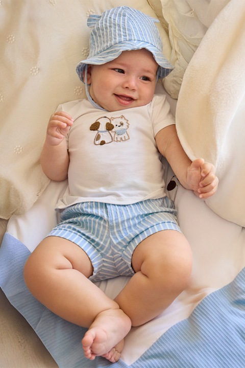 Mayoral, Set de imbracaminte cu broderie - 3 piese, Maro/Albastru lavanda/Alb optic