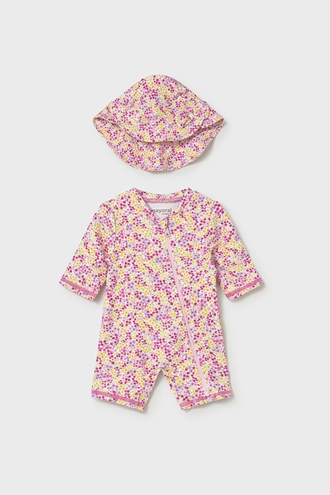 Mayoral, Set de costum de baie cu model si palarie - 2 piese, Galben/Violet/Roz deschis, 70 CM