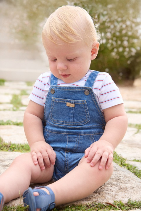 Mayoral, Set de salopeta din denim si tricou cu dungi - 2 piese, Rosu/Alb/Albastru prafuit