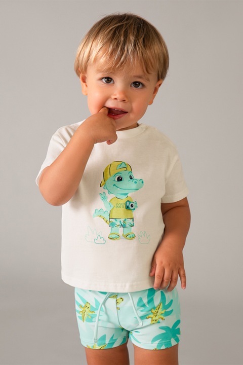 Mayoral, Set de tricou cu imprimeu grafic si pantaloni scurti - 2 piese, Alb optic/Verde persan/Verde fistic