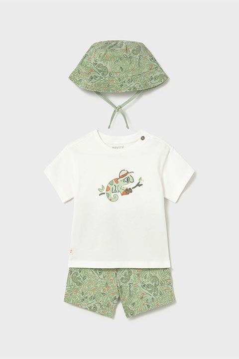 Mayoral, Set de tricou, pantaloni scurti si palarie cu imprimeu grafic - 3 piese, Verde/Alb murdar