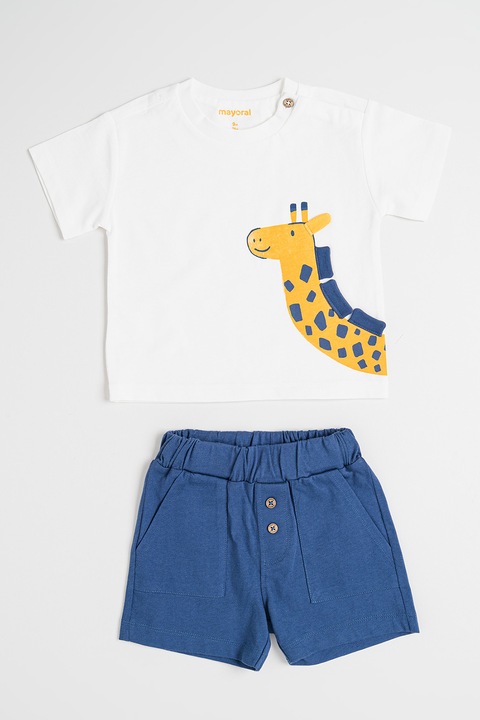 Mayoral, Set de tricou cu imprimeu si pantaloni scurti - 2 piese, Alb/Albastru prafuit