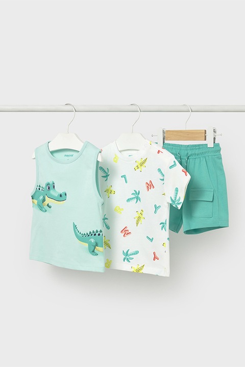 Mayoral, Set de pantaloni scurti si 2 tricouri din bumbac - 3 piese, Alb/Albastru aquamarin