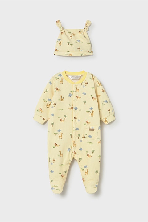 Mayoral, Set de salopeta de pijama cu botosei si imprimeu si caciula, Galben pai