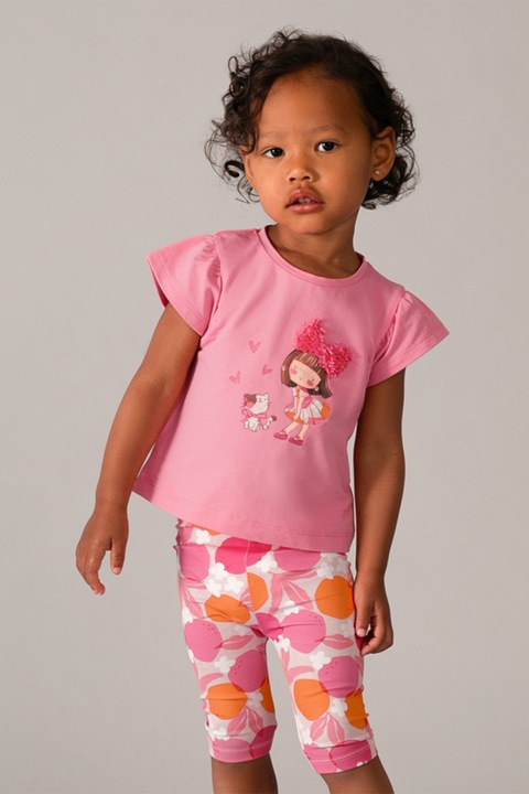 Mayoral, Set de tricou din amestec de bumbac si colanti - 2 piese, Alb/Portocaliu/Roz