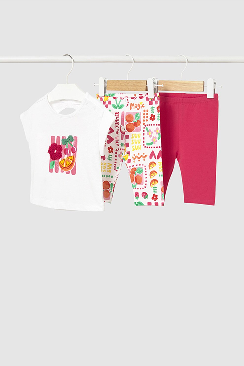 Mayoral, Set de tricou de bumbac si colanti - 3 piese, Alb, Roz zmeuriu, 92 CM