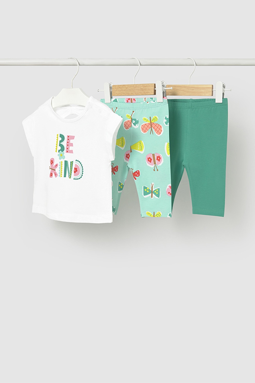 Mayoral, Set de tricou de bumbac si colanti - 3 piese, Alb, Verde persan, 98 CM