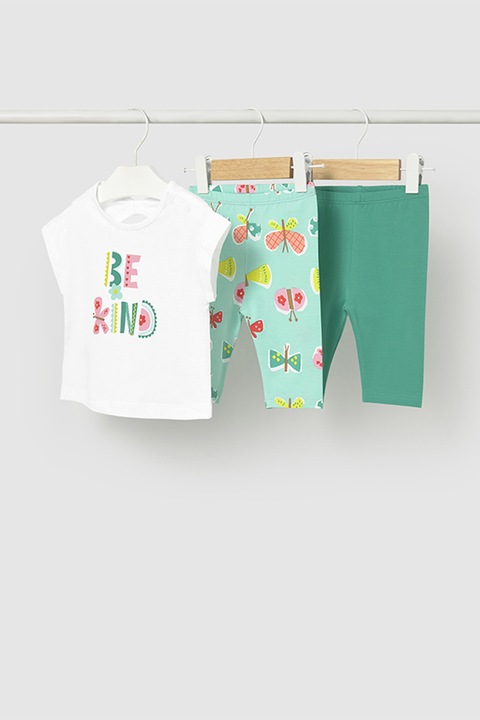 Mayoral, Set de tricou de bumbac si colanti - 3 piese, Alb/Verde persan