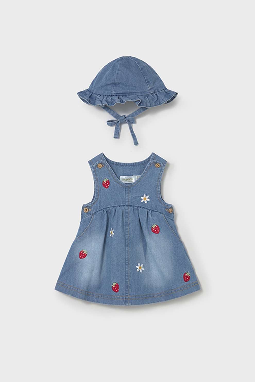 Mayoral, Set de rochie din denim si palarie cu volane - 2 piese, Albastru prafuit, 65 CM