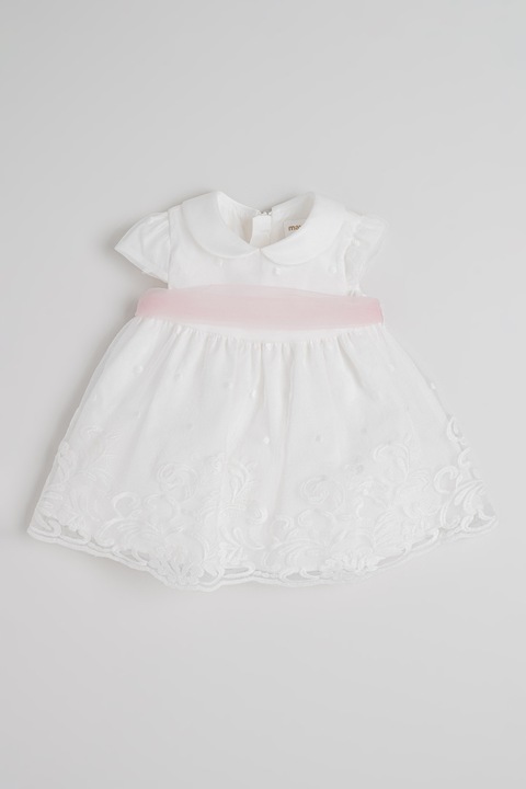 Mayoral, Rochie cu croiala baby-doll si broderie, Alb optic/Roz
