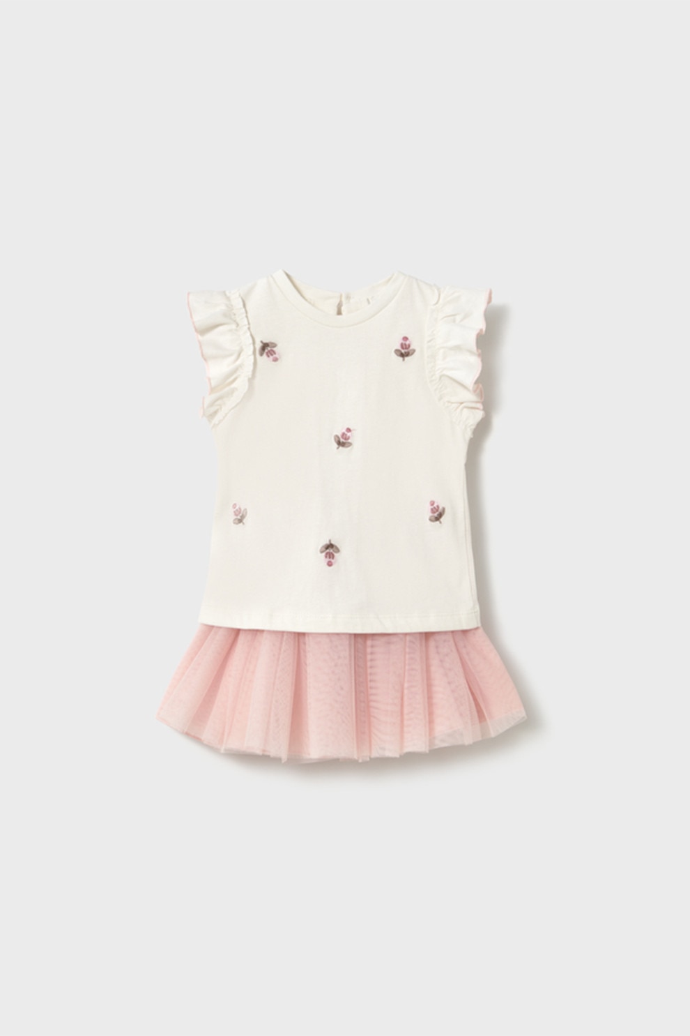 Mayoral, Set de tricou cu model si fusta din tul, 2 piese, Alb, Roz pal, 80 CM