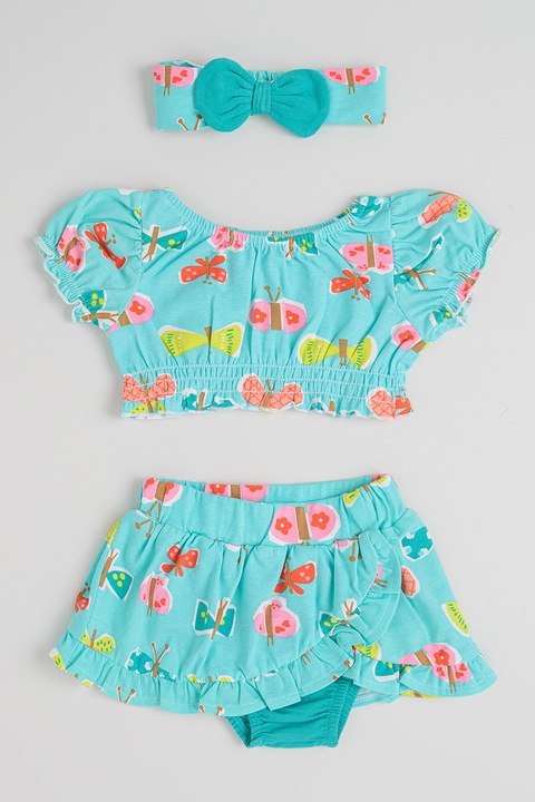 Mayoral, Set de fusta, top crop si bentita - 3 piese, Albastru aquamarin/Coral/Galben pai